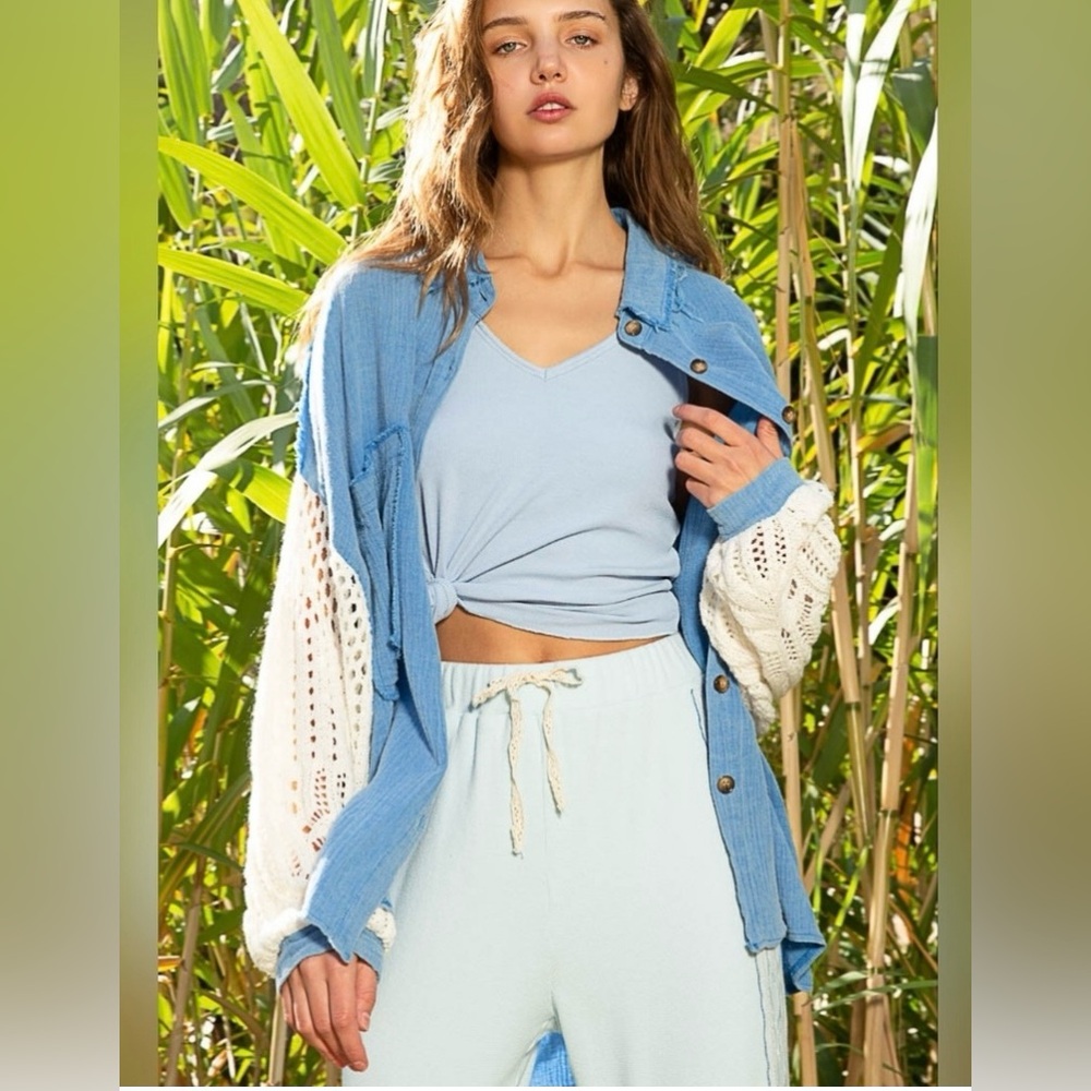 POL Blue & Cream Openwork Lantern Crochet Long Sleeve BoHo Cotton Gauze Shirt